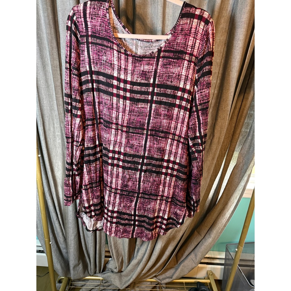 Apt 9 Essentials Womens‎ XXL Pink Black Plaid Long Sleeve Tunic Scoop Neck Top